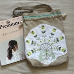 レア*アンティークリネン* グリーンライン*手刺繍*大き目A4*巾着トートバッグ