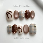 ✦ Coffee Ribbon Plaid ✦【着画あり】ブラウン ブルー チェック マグネット リボン ネイルチップ