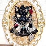 フェイクレザー猫ブローチ　黒猫×ギター