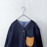 丸襟8oz岡山デニムVネックのジャケット：：indigoインディゴコットン：：おじシリーズ