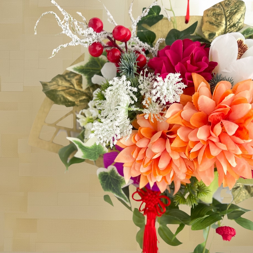 ⑰ 迎春しめ縄｜和モダン新年飾り｜玄関にも室内にも飾れるアートフラワーインテリア しめ縄リース アーティフィシャルフラワー しめ飾り 正月インテリア 正月飾り 新年飾り しめ縄アレンジ 鏡餅 門松