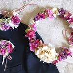 パープルピンクの花冠＆リストレット&ブートニア3点セット