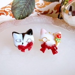 ひげ猫シリーズ　オペラ座の怪人カップル　ピアス・イヤリング／ニャントム＆クリスティーニャ／アシンメトリー／バラ　仮面　モノクル／ファントム／レジン／アレルギー対応