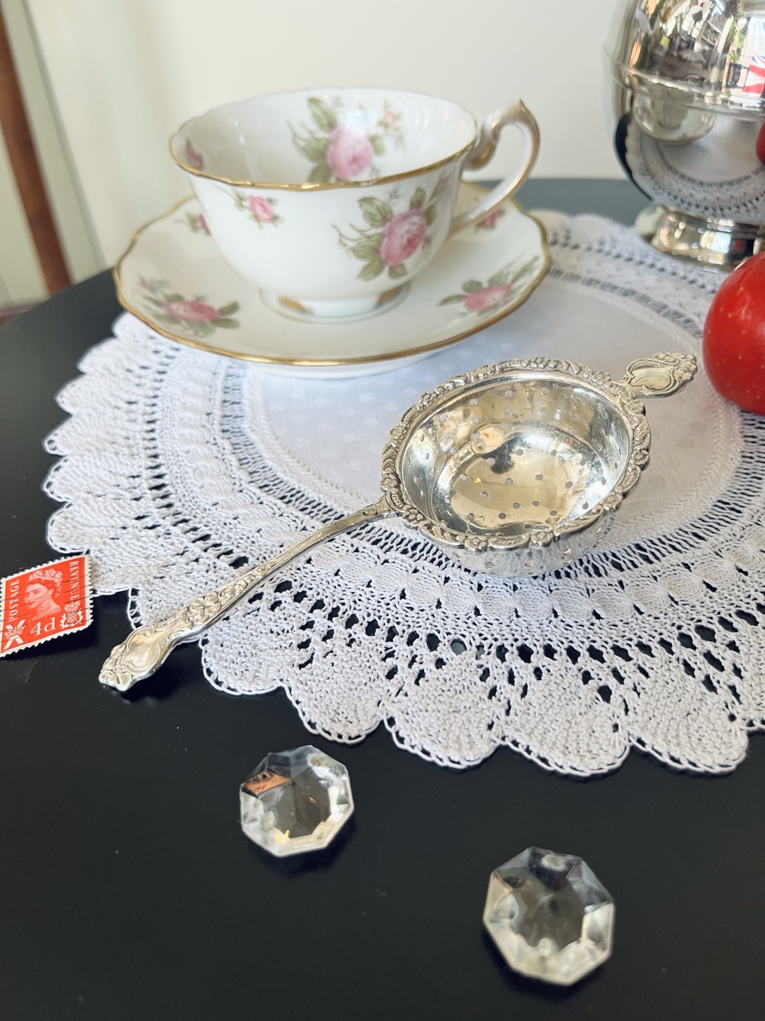 英国買い付け♪アンティーク シルバープレート製 ティーストレイナー/すみれと勿忘草のデザイン/茶こし