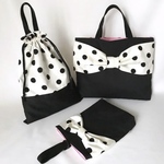 お得な3点セット！　2wayレッスンバッグ シューズケース お着替え袋 3点セット  ☆ ドット ブラックリボン     (女の子・裏布 キルティング・マチ付き・入園入学グッズ)サイズオーダー可