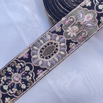 実物のお色味と違う場合があります] インド刺繍リボン　花　インド刺繍　スパンコール　刺繍リボン　リボン　りぼん　シルバー