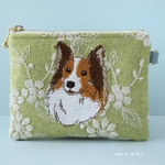 シェルティ刺繍ぺたんこミニポーチ