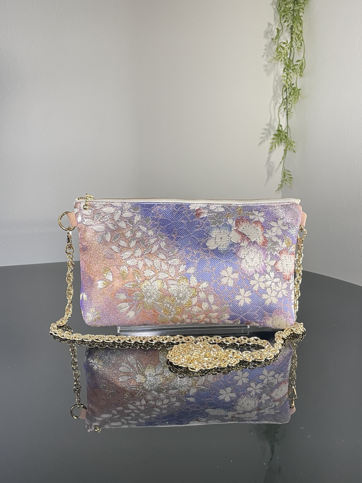 帯リメイクバッグ A4サイズ 丸帯 尾長鳥 切り替えあり 帯バッグ 和装