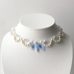 リボン　パールチョーカーネックレス　樹脂パール　ビーズ　水色　ブルー