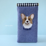 コーギー刺繍メガネポーチ/デニムブルー