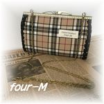 Wファスナー　20cm　カン＆チェーン肩紐付き　がま口　タータンチェック　ベージュ　黒レース