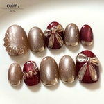 選べるおまけ付き　ネイルチップ　no.400 brown×redのリボンネイル　ブラウンネイル　レッドネイル　冬ネイル　赤ネイル　クリスマスネイル　りぼんネイル　リボンネイル　