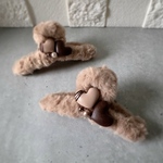 【冬限定】ダブルハートチョコ　ファーバンスクリップ　ブラウン×モカ