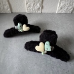 【冬限定】ダブルハートチョコ　ファーバンスクリップ　ブラック×チョコミント