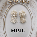 【ビーズ刺繍】つぶつぶホワイトmix ビーズフリンジ　サージカルステンレスピアス　蝶バネイヤリング