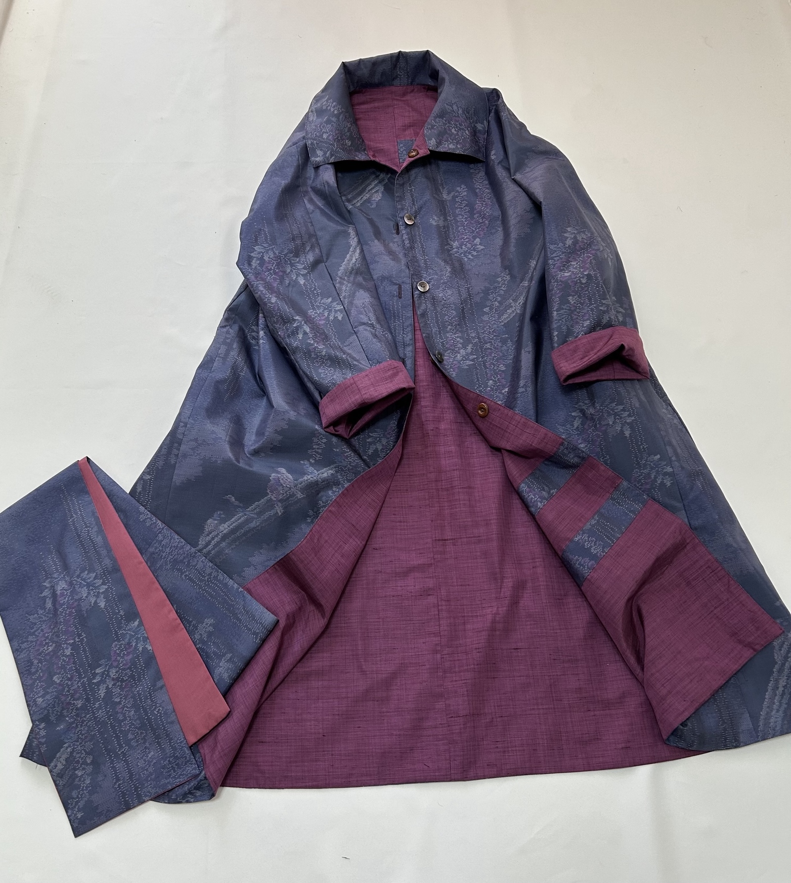 新品未使用花柄上質紬&濃紺7マルキ大島紬＊リバーシブルコート