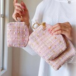 【再販】No.148『高品質♡ふんわりツイードポーチ・ピンク中』　桜ピンク　ファンシーツイード　ミニポーチ　ラウンドポーチ　シェルポーチ　メイクポーチ