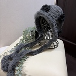 ☆crochet お花のモチーフ ファー付き ボンネット ニットフード☆グレー