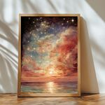  広大で輝く海が夜空に変わっていく画　インテリアアート　幻想的　神秘的　インテリアアートポスター　水彩アート　風景画