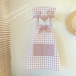 ☆くま耳とリボン風スカーフネクタイが可愛い☆子供エプロン＆三角巾　スモークピンクチェック　#しわになりにくい ★90cm〜150cm