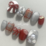 クリスマス×シルバー×レッドリボン［ネイルチップ］