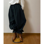 ハーフリネンの紐付きドロワーズパンツ　ブラック