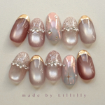 no.251 Noél Crystal 💎🪞　フラッシュネイル　マグネットネイル　ダイヤモンドフラッシュ　オーロラ　ビジューネイル　キラキラネイル　ピンク　赤　フレンチネイル　前撮り　お祝い　デート