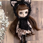 2724 ブライスさんの猫になれるもふもふコーデ　Blythe ブライス アウトフィット 洋服　もふもふ　リボン　ブラック　ピンク　猫