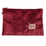 猫の刺繍ポーチ｜フェイクレザーフェルト×内ポケット3つ｜大人かわいい冬のフラットポーチ｜合皮タブ付き