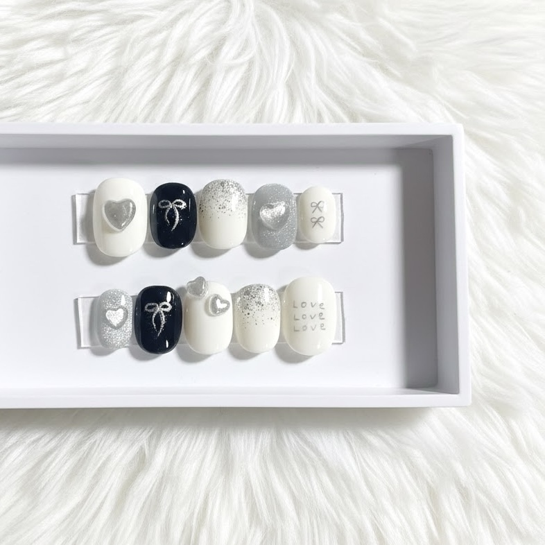 文字変更可】ネイルチップ 落書きネイル ハート リボン 犬 いぬ 韓国