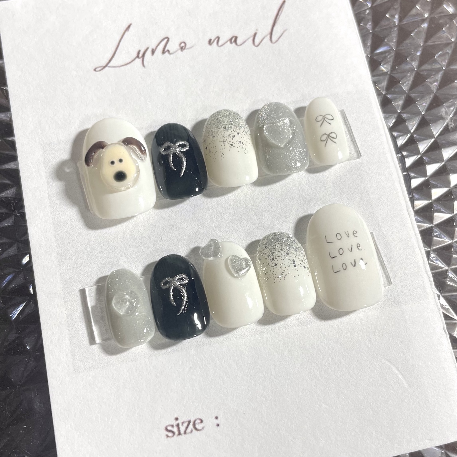 ネイルチップ 落書きネイル ハート リボン 犬 いぬ 韓国 マグネット シルバー 文字変更可】ネイルチップ 落書きネイル ハート リボン 犬 いぬ 韓国
