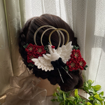 つまみ細工髪飾り　成人式　卒業式　髪飾り　鶴　梅　一越ちりめん　和装　振袖　着物　袴　和　水引　紐　ゴールド　白　ホワイト　えんじ　赤　レッド　Uピン