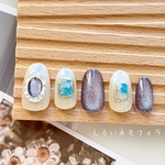 ニュアンス 上品 個性派 アートネイル 宝石 パール マグネットネイル 絵画風 ネイビー 水色 【装着セット付】 
