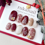 再販【サイズオーダー】ネイルチップ　ツイード　クリスマス　マグネット　ボルドー　冬