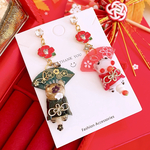 数量限定❣️お正月🎍椿 ꕤ.·*. 扇子🪭 和✨️ 猫 (ˆ꜆ . . ꜀ˆ) ハンドメイド ピアス イヤリング レディース アクセサリー 