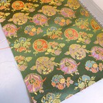 【古布】正絹帯地　吉祥柄花輪　緑