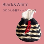 コロンと巾着ティッシュケース/ブラック＋ホワイト＋赤/オールサイズ用/手編み/かぎ針編み/編み物/カラフル/ティッシュカバー/ティッシュケース