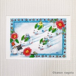 【透明水彩画・ポストカード】「雪うさぎ号びゅーん」2枚セット/イラスト　セキセイインコ　鳥　雪　雪うさぎ　冬
