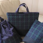 ブラックウォッチ　キルティング　タータンチェック　ネイビー×グリーン  レッスンバック　シューズ入れ　体操服袋　入園入学準備用品　3点セット　