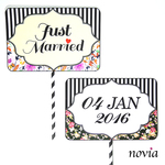 【日付入れ】オーダー ウェディング ボタニカル柄 フォトプロップス『Just Married ＆ 記念日』セット。フラワーモチーフ＆ストライプのエレガントなデザイン。結婚式・前撮り・後撮り向け♫