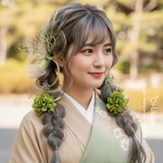 成人式　卒業式　結婚式　七五三　髪飾り　グリーン　振袖　袴　和装  ウェディング　水引アレンジ　かすみ草　OHANA 