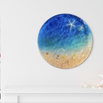 壁掛けアートパネル  C ブルーウォーター  青い海とビーチ　スターフィッシュ　レジン　波紋　直径23cm ヒーリングアート　
