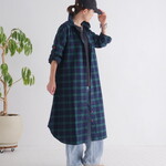 着丈3展開＊大人カジュアル＊タータンチェック柄＊丸襟＊裾ラウンドカット＊ロールアップ＊Aライン＊ロングシャツワンピース　