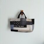 リネン　モノトーン系　ランダムパッチ　　横長トートBAG　♪　麻　リネン　数字