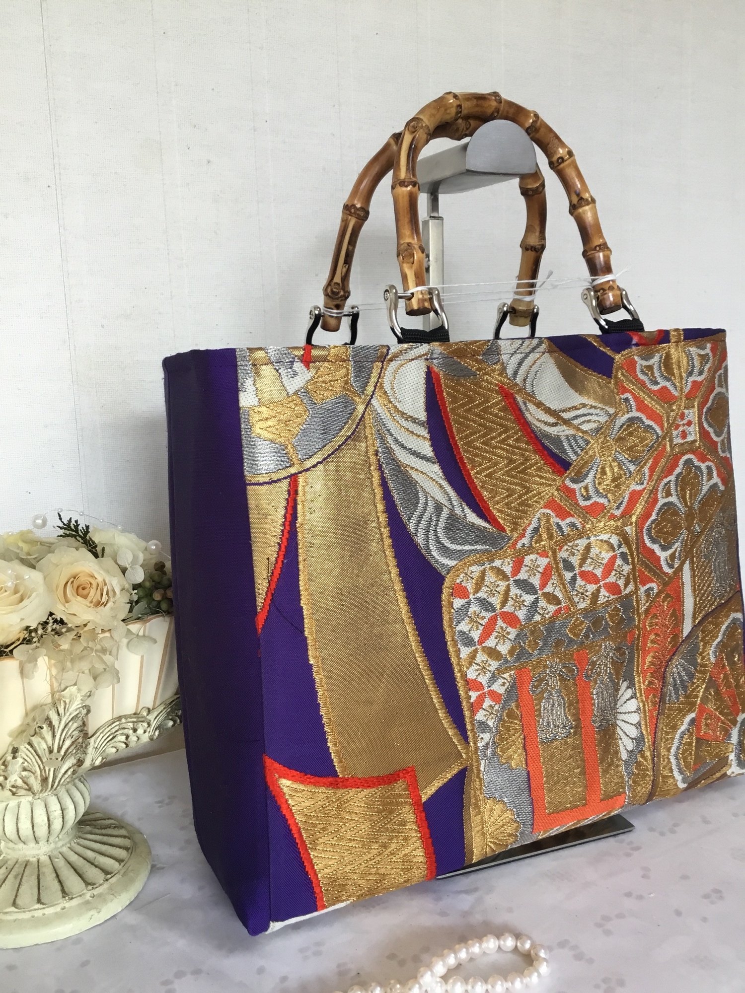 花ぷらら・シンプルで使いやすい・洋服でも着物でも使える・ハンドメイド・リメイク・帯・大きめ・トートバッグ・141