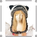 猫耳ビーニー｜リボン｜黒×白｜韓国｜Y2K｜量産型｜地雷系｜ふわふわ｜もこもこ｜猫耳ニット帽
