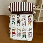 【猫好き必見】猫柄×ストライプのスマホショルダーポーチ｜大人可愛いカジュアルポシェットねこ柄スマホショルダー＊大人かわいいイラスト柄　ブラウン