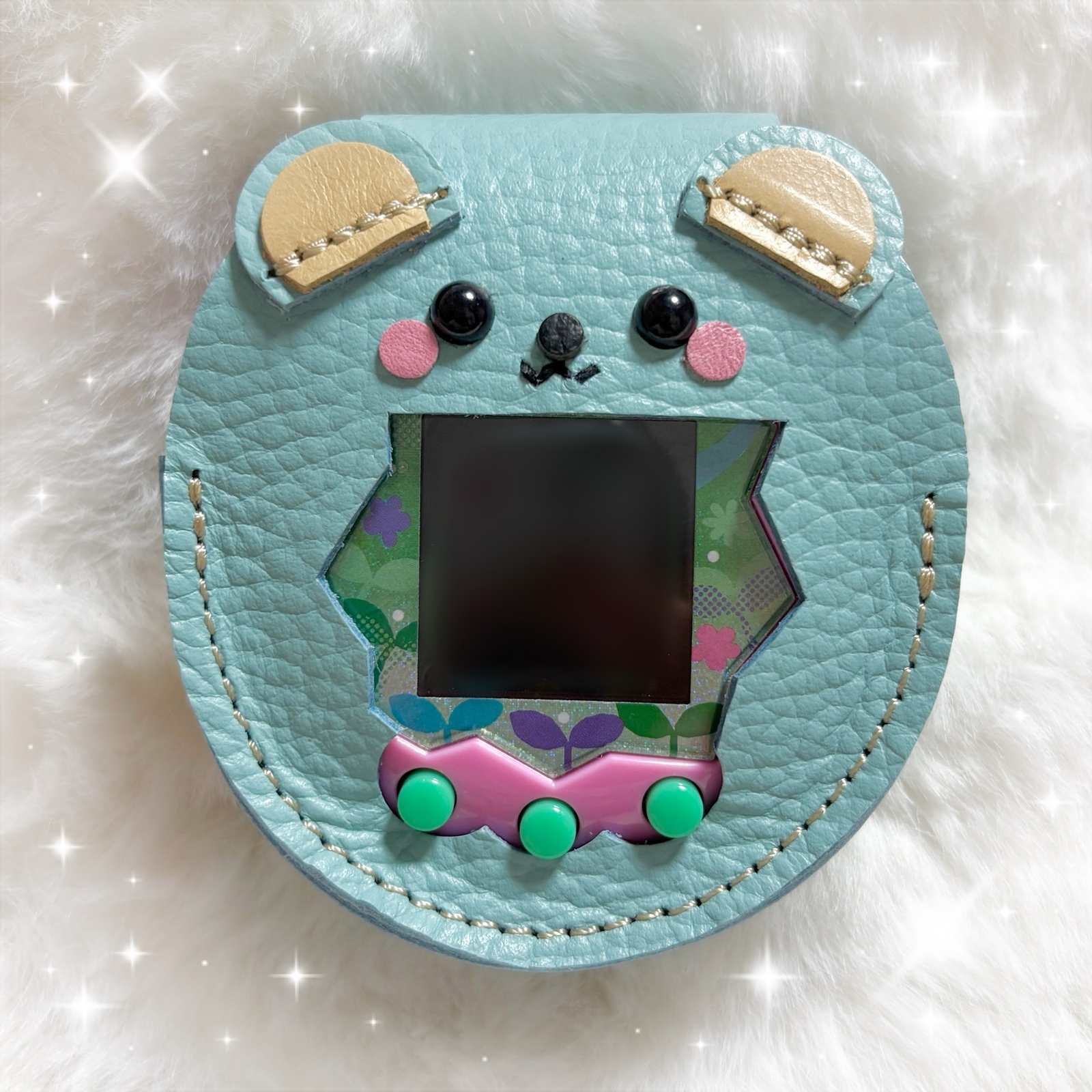 本革 たまごっちパラダイス カバー ケース ハンドメイド/ブラックラメ
