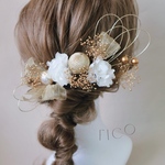 髪飾り〈 F1 〉ヘッドパーツ　ヘアパーツ　ヘッドドレス　ドライフラワー　ドライフラワー髪飾り　ヘアアクセサリー　ウェディング　ブライダル　結婚式　成人式　卒業式　和装　かすみ草　ゴールド　紫陽花