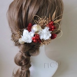 🆕 髪飾り〈 E15 〉ヘッドパーツ　ヘアパーツ　ヘッドドレス　ドライフラワー　ドライフラワー髪飾り　ヘアアクセサリー　結婚式　成人式　卒業式　和装　着物髪飾り　和装髪飾り　ゴールド　ヘアドレス　